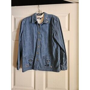 C.J Christopher & Banks 2 Piece Blue Denim Short Sleeve Dogs Embroidery Shirts M